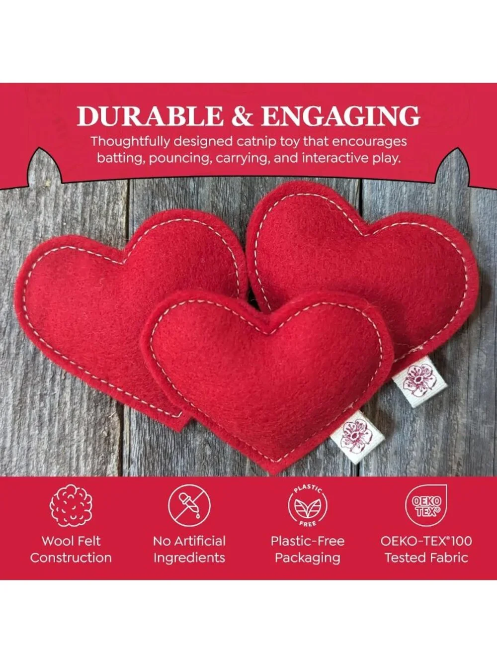 Organic Catnip Heart Toys - 100% Wool Felt, USA-Made, Red, 4 Pack for Cats